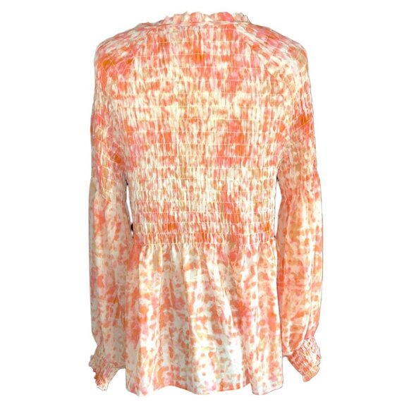 Rose + Olive Womens Small Orange & Pink Smocked Peplum Blouse Long Sleeve - Picture 8 of 10